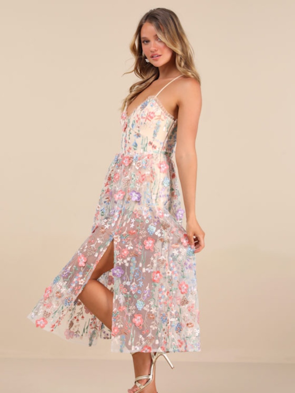 Lulus Mahryn Beige 3d Floral Embroidered Midi Bodysuit Dress - Size S